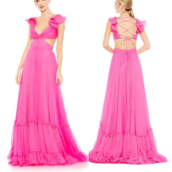 Mac Duggal 70254 Ruched Ruffled Shoulder Cut Out Lace Up Gown in Hot Pink Size 8 - Picture 3 of 14